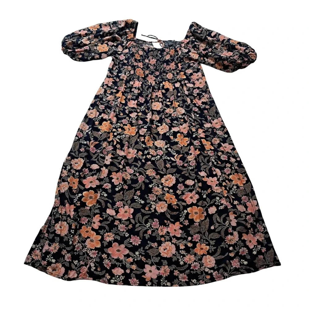 Old Navy Dress Women's Large Midi Navy Floral Puff Sleeve Smocked Feminine - Picture 3 of 12